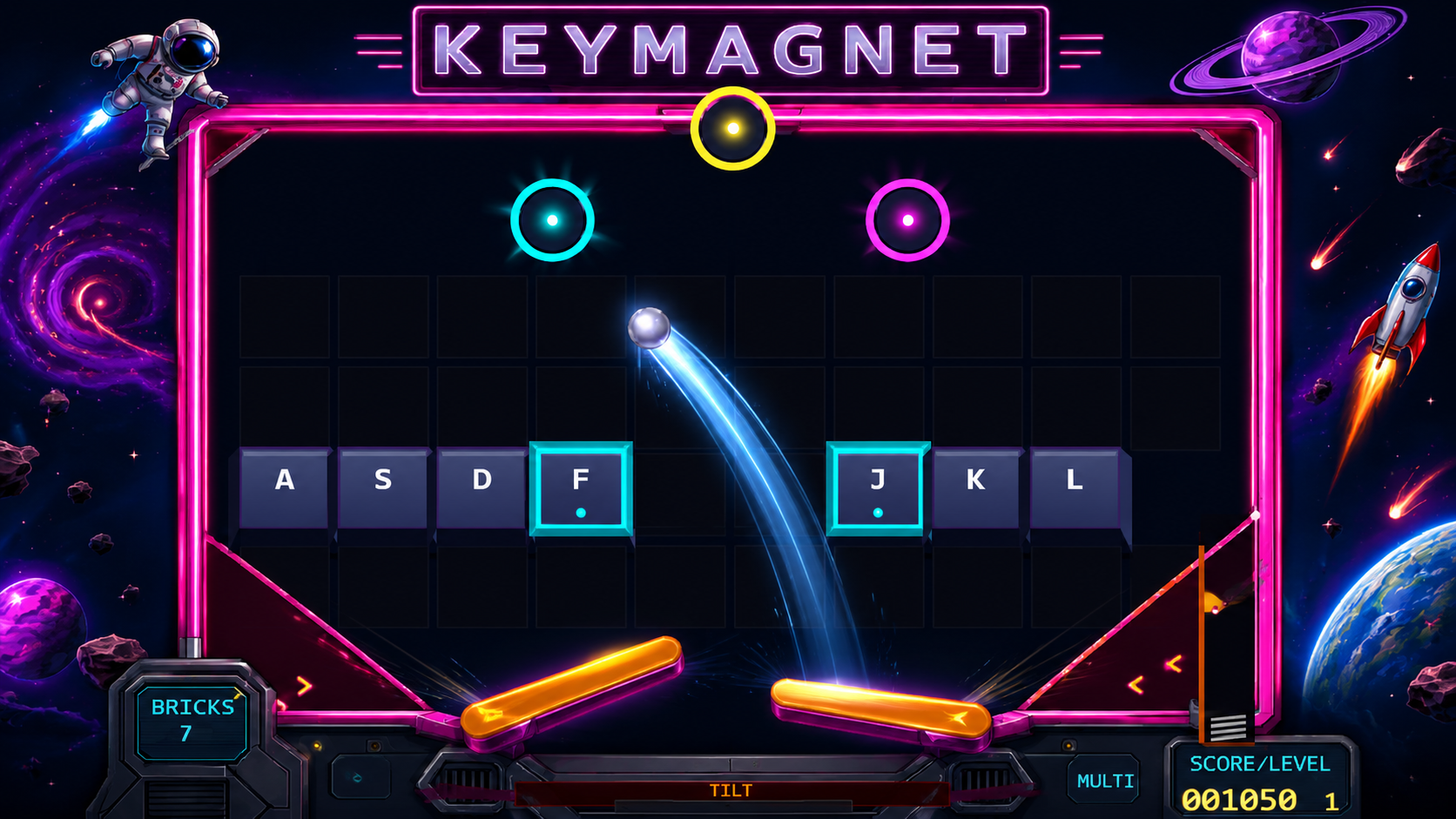 KeyMagnet arcade typing game — neon pinball smashes lettered bricks in a space arena