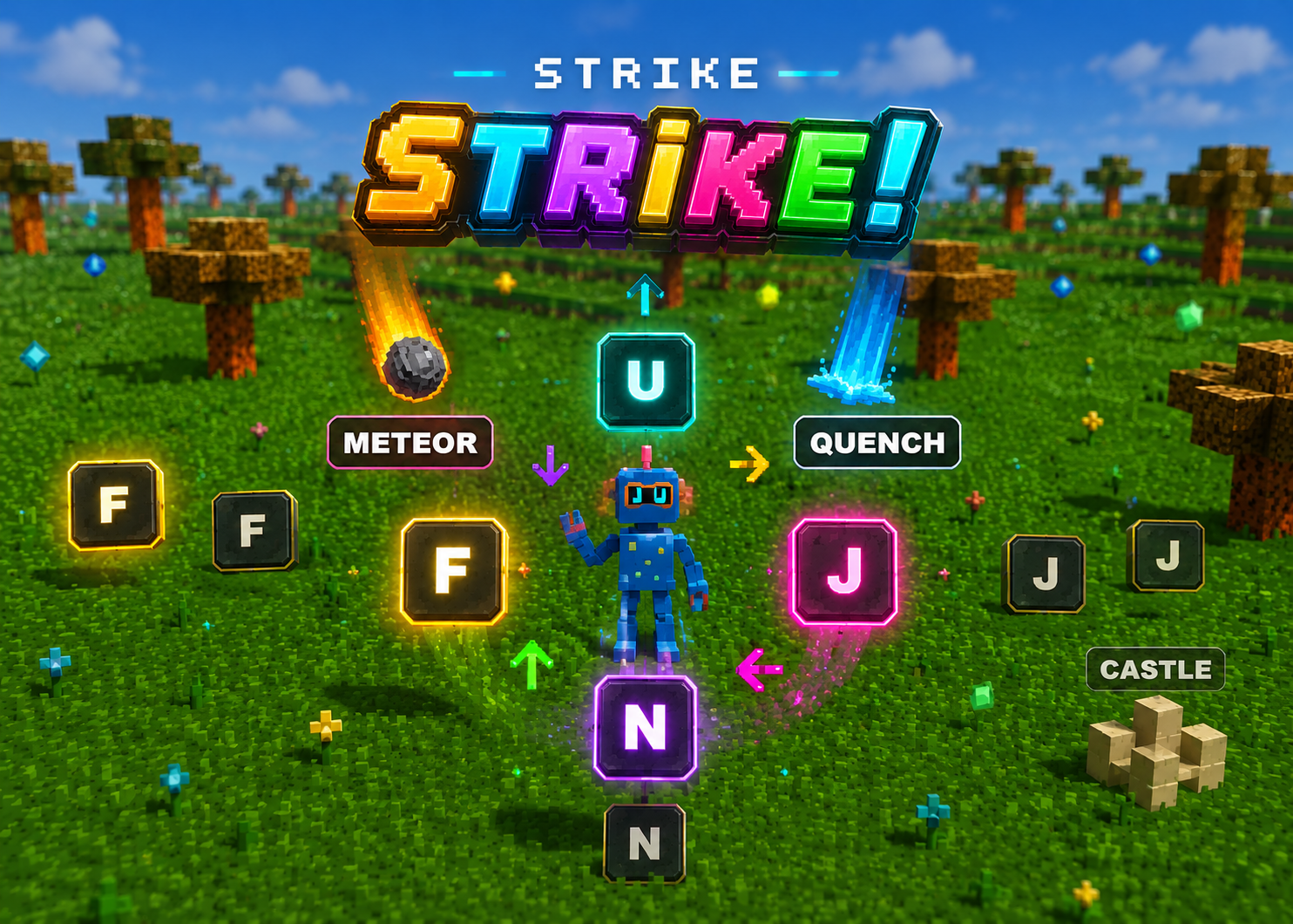 Strike typing game — robot hero runs through a voxel world destroying enemies by typing