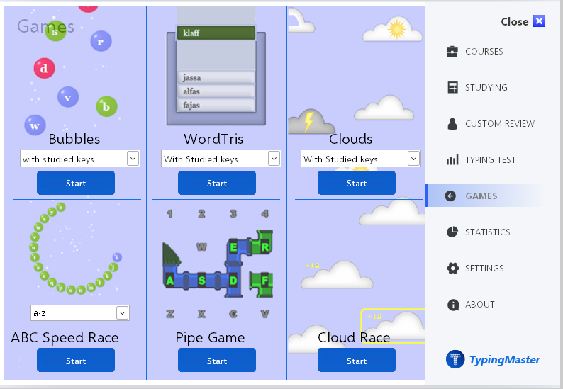 TypingMaster typing games on Linux: Bubbles, WordTris, Clouds, ABC Speed Race, Pipe Game and Cloud Race