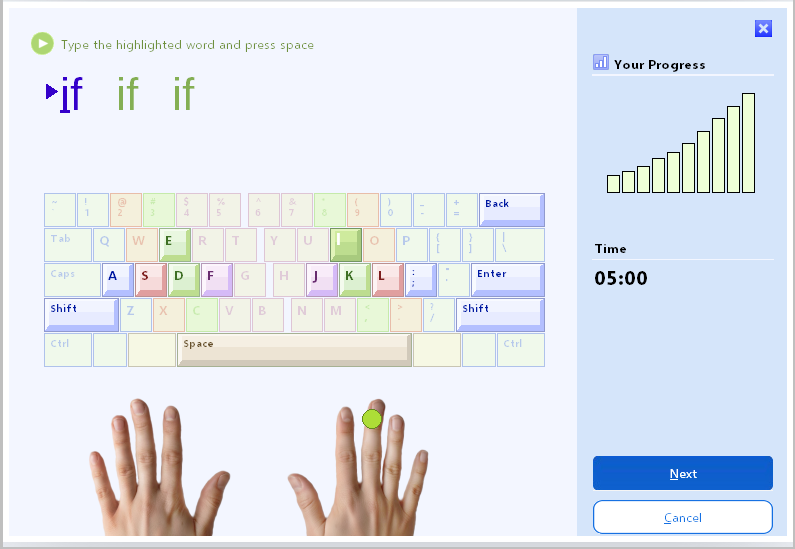 TypingMaster touch typing lesson on Linux with on-screen keyboard, finger guide and progress chart