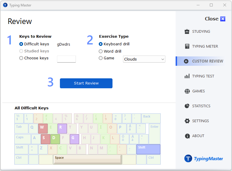 typing tutor review feature