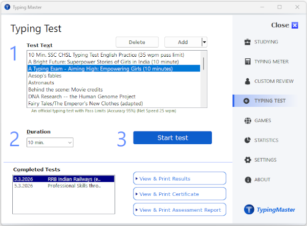 Laptop displaying the TypingMaster typing test interface with text selections and duration.